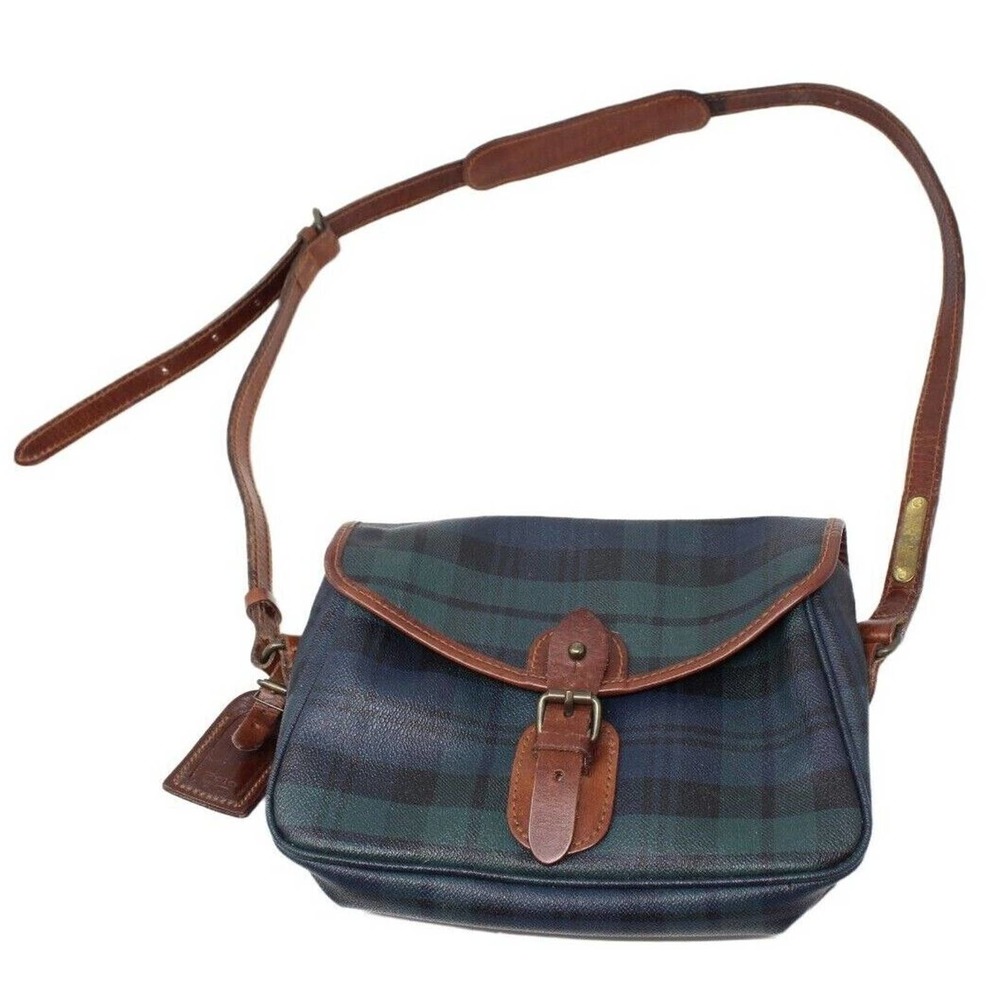 Polo Ralph Lauren Vtg Blackwatch Plaid Crossbody Bag Satchel Leather Canvas